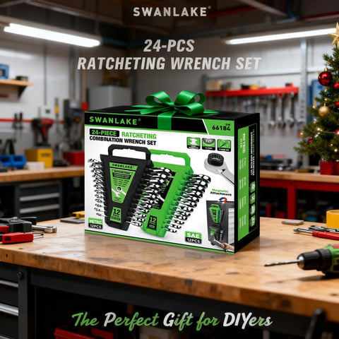 Box of 24-Piece Swanlake Ratcheting Wrench Set on workbench, with organized display, ideal for DIY and automotive repairs.