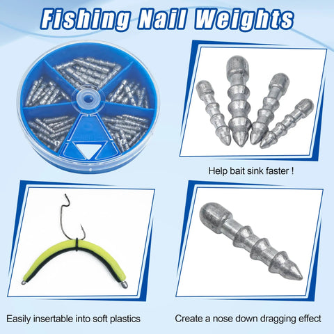 Ultimate Fishing Nail Weights Kit With 70 Pieces For Wacky Rig Neko Rig And Texas Rigs Insert Sinker Weights For Soft Plastics Bass Lures 4 Sizes Quick Sinking Action For Plastic Worms displayed with various nail weights and packaging