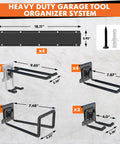 64 Inch Garage Tool Organizer Wall Mount Heavy Duty Storage Rack With 620 Lbs Capacity, Adjustable Hooks Garden Tool Organization System, Anti Rust Metal Shelf With multiple hook sizes displayed.