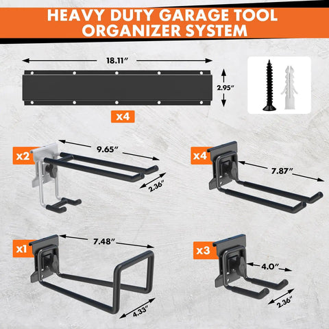 64 Inch Garage Tool Organizer Wall Mount Heavy Duty Storage Rack With 620 Lbs Capacity, Adjustable Hooks Garden Tool Organization System, Anti Rust Metal Shelf With multiple hook sizes displayed.