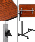 Close-up details of Smooth Rollin Mobile Adjustable Height Portable Computer Desk With Lockable Casters For Top Tier Home Office Standing Laptop Workstation Dark Wood Finish.