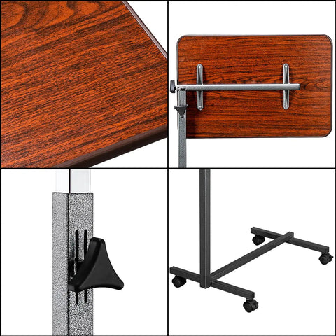 Close-up details of Smooth Rollin Mobile Adjustable Height Portable Computer Desk With Lockable Casters For Top Tier Home Office Standing Laptop Workstation Dark Wood Finish.