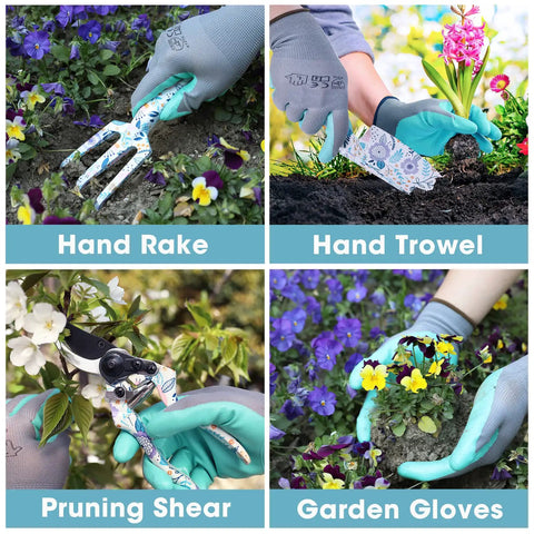 Aluminum Garden Tool Set Four Piece With Trowel Rake Pruner And Gloves In Sturdy Box Heavy Duty Hand Tools Floral Pattern