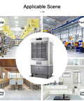 Beat The Home Heat Sweat Less Today With This Powerhouse Evaporative Air Cooler in various settings like shop, factory, dining room, living room.