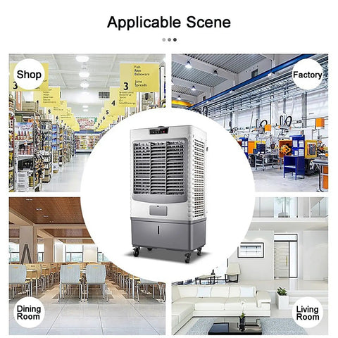 Beat The Home Heat Sweat Less Today With This Powerhouse Evaporative Air Cooler in various settings like shop, factory, dining room, living room.
