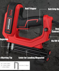 2 In 1 Electric Brad Nailer And Staple Gun With 18 Gauge Nails And Narrow Crown Staples, showing nail trigger, depth control, and soft grip handle.