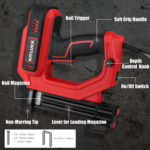 2 In 1 Electric Brad Nailer And Staple Gun With 18 Gauge Nails And Narrow Crown Staples, showing nail trigger, depth control, and soft grip handle.