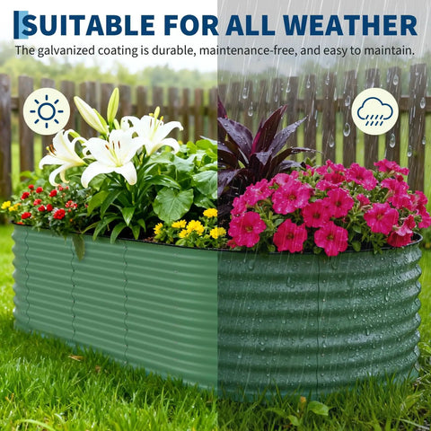 Yard Ready 8x4x1.5ft Galvanized Raised Garden Bed With 18 Inch Deep Root Zone Anti Cut Safety Edges Rust Resistant Oval Planter Box 359 Gallons For Outdoor Vegetables Flowers And Herbs with flowers in garden