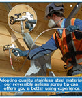 Painter using 10 Piece Reversible Airless Spray Tips Set With Tungsten Carbide Nozzles for spraying wooden wall.