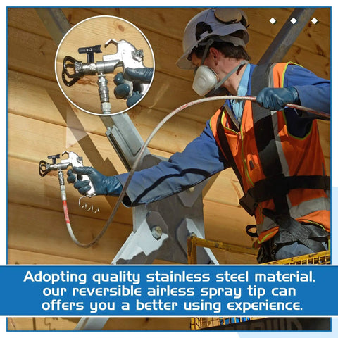 Painter using 10 Piece Reversible Airless Spray Tips Set With Tungsten Carbide Nozzles for spraying wooden wall.