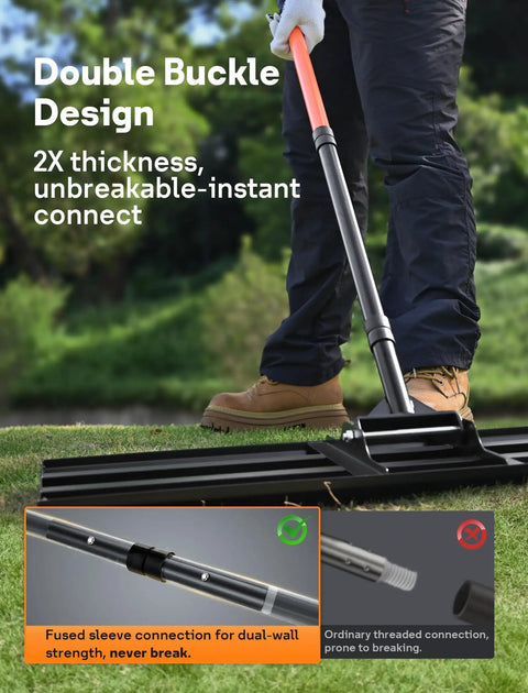 Person using Heavy Duty Lawn Leveling Rake With 30 By 10 Inch Plate And 78 Inch Adjustable Handle, showing connector details.