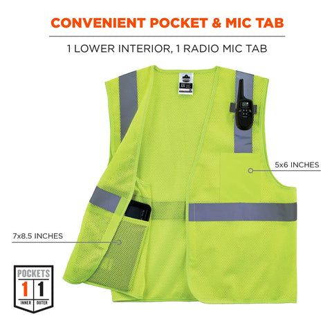 Unisex Adult Hella Visible Class 2 Safety Vest Crafted From Comfy Breathable Mesh Fabric With Zero Fuss Hook And Loop Closure Lime Green, showing interior pocket and mic tab details.