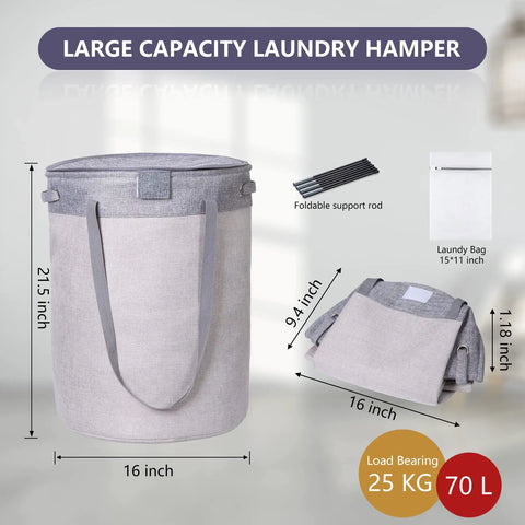 70L Round Collapsible Laundry Hamper With Lid And Easy Carry Handles Freestanding Laundry Basket With Waterproof Lining