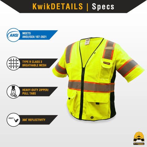 Built Darn Tough Hella Breathable Class 3 High Visibility Safety Vest With Bright Reflective Tape And Kickass Organization Pockets For Men Construction Surveyors Yellow Large Sizes, showcasing breathable mesh and heavy-duty zipper.