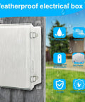 Weatherproof Electrical Enclosure IP67 Rated Junction Box featuring heavy duty hinged latch on a wall in the rain.