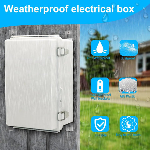 Weatherproof Electrical Enclosure IP67 Rated Junction Box featuring heavy duty hinged latch on a wall in the rain.