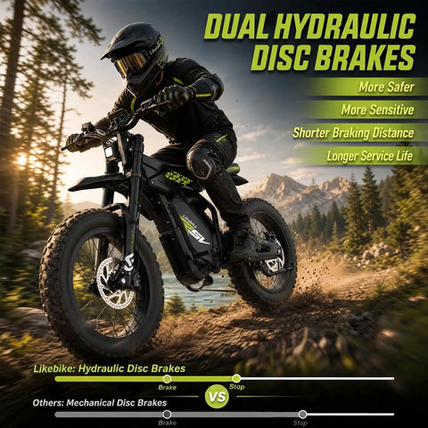 Rider on all-terrain fat tire electric mountain bike with dual hydraulic disc brakes, showcasing off-road capability in forest terrain.