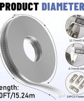 Heavy Duty Hose Clamp Kit With 50 Ft Stainless Steel Band And 24 Fasteners All In One Worm Gear Adjustable Duct Pipe Clamp Set for Plumbing Auto Fuel Line And DIY Projects Includes Wrench And Screwdriver showing 50 ft band length and fasteners.