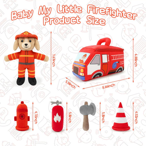 Plush Firefighter Playset For Babies And Toddlers A 6 Piece Sensory Pretend Play Kit With Fire Truck Dalmatian Firefighter Dog Extinguisher Toy Perfect Infant Gift For Boys And Girls So Cute including plush dog, fire truck, extinguisher, axe, hydrant, cone.