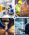 Manufacturing machinery, engineer working on equipment, laser cutting machine, and technician with tablet in industrial setting