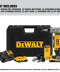 20V Max PEX Expander Tool Kit For 1 Inch Tubing With Automatic Rotating Head displayed with all components