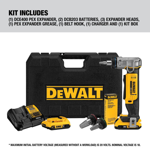 20V Max PEX Expander Tool Kit For 1 Inch Tubing With Automatic Rotating Head displayed with all components