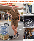Heavy Duty Folding Hand Truck With 360 Degree Rotating Handle And Rock Solid 330 Lbs Capacity Smooth Rolling Aluminum Dolly Cart Built For Zero Sweat Hauling And Efficient Moving Tasks In Black, shown in use with water bottles and rice bags.