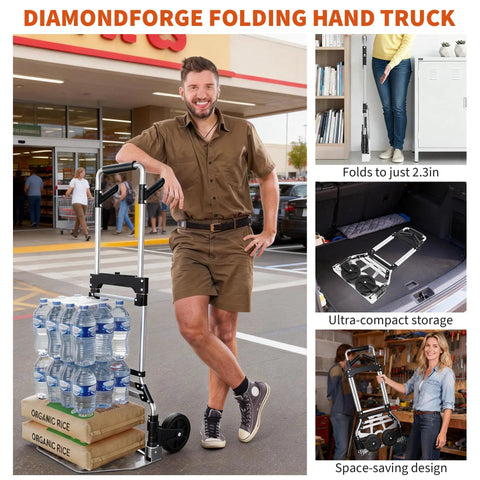 Heavy Duty Folding Hand Truck With 360 Degree Rotating Handle And Rock Solid 330 Lbs Capacity Smooth Rolling Aluminum Dolly Cart Built For Zero Sweat Hauling And Efficient Moving Tasks In Black, shown in use with water bottles and rice bags.