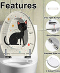 Slow Close Elongated Toilet Seat Resin Black Bathroom Replacement featuring a black cat design and stainless steel hinges.