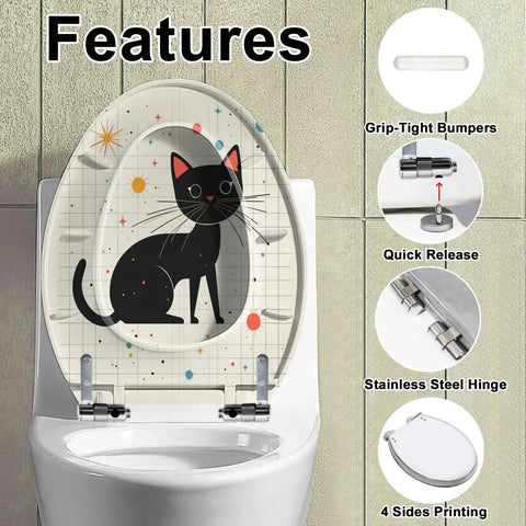 Slow Close Elongated Toilet Seat Resin Black Bathroom Replacement featuring a black cat design and stainless steel hinges.