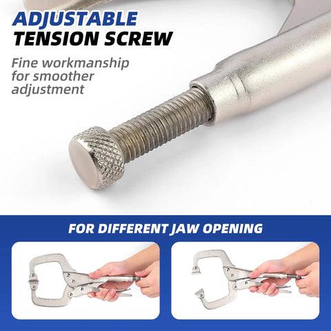 Close-up of adjustable tension screw on 11 Inch C Clamp Locking Pliers With Swivel Pads Beefy Heavy Duty Welding Pliers Quick Release.