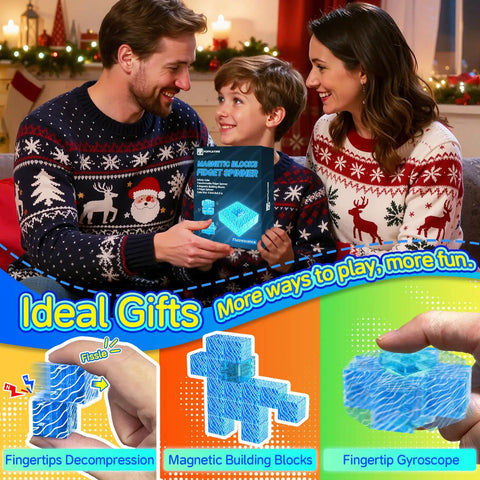 Family with 4 In 1 Glow In The Dark Blue Magnetic Fidget Spinner Set With Magnetic Building Blocks And Infinity Cube