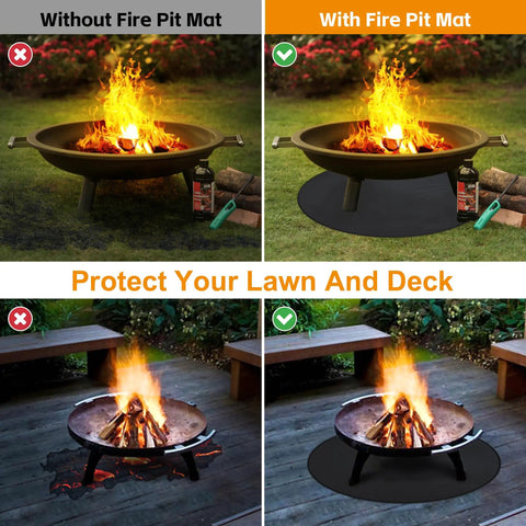 Comparison of fire pits on grass and deck with and without the 47 Inch Three Layer Fireproof Mat For Outdoor Fire Pit And Grill