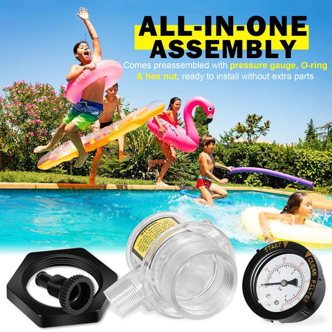 Front view of pool filter air-relief valve kit with pressure gauge; clear body, black hex nut, round gauge.