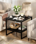 Premium Black Square End Table With Rich Wood Grain Finish Heavy Duty Frame And Cold Beer Mini Fridge Stand in living room setting.