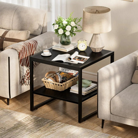 Premium Black Square End Table With Rich Wood Grain Finish Heavy Duty Frame And Cold Beer Mini Fridge Stand in living room setting.