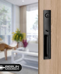 Beefy Full Escutcheon Front Door Handle Set With Deadbolt Lock, Iron Black Finish on wooden door, modern interior view