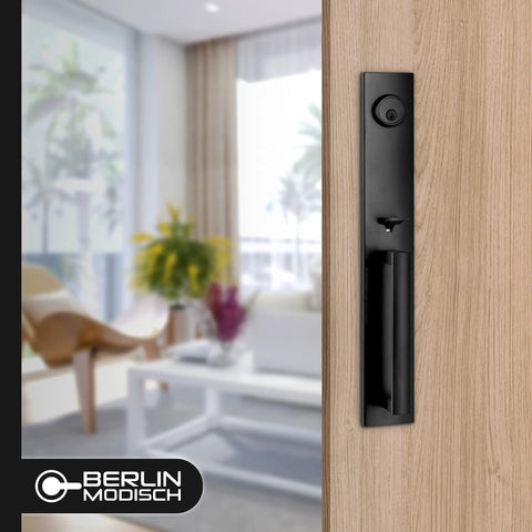 Beefy Full Escutcheon Front Door Handle Set With Deadbolt Lock, Iron Black Finish on wooden door, modern interior view