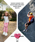 Collage showing a child on a swing and an adult on a zipline with image of a Beefed Up Zipline Pulley Trolley 30KN Double Sheave