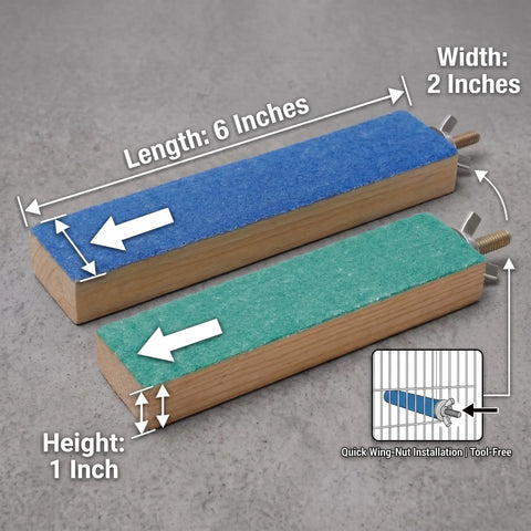 Top Shelf Solid Wood Bird Cage Perch Stand 2 Pack With Quartz Sand Coating For No Sweat Beak Grinding And Claw Filing easy grooming platforms.