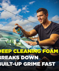 Person using Top Shelf Foaming Auto Glass Cleaner Blast Away Road Grime And Bird Droppings From Windshield And Windows Without Leaving Streaks Or Smudges For A Flawless Shine Every Time 19 Ounce Spray Pack Of 2 on car windshield.