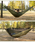 Person in a Mosquito Net Hammock Kit With Detachable Bug Mesh And Sleeping Pad Ultralight 11Ft Portable Hammock in forest
