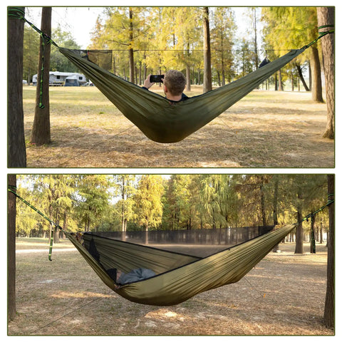 Person in a Mosquito Net Hammock Kit With Detachable Bug Mesh And Sleeping Pad Ultralight 11Ft Portable Hammock in forest