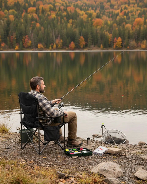 Man fishing by a lake using an Oversized Camping Chair With Adjustable Lumbar Support 550 lb Heavy Duty Padded Folding Chair