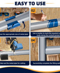 Pro Pipe Cutting Guide Kit For Metal Pipes With Magnetic Saddle Template showing cutting steps and use with metal pipes