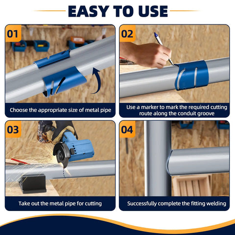 Pro Pipe Cutting Guide Kit For Metal Pipes With Magnetic Saddle Template showing cutting steps and use with metal pipes