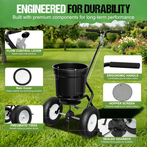 50Lb Capacity Walk Behind Fertilizer Spreader For Lawn Care With Hopper Screen And Rain Cover, ergonomic handle, and pneumatic wheels