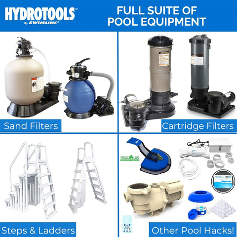 Hydrotools full suite pool equipment including sand and cartridge filters, steps, ladders, and accessories.