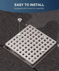 Built Tough Brushed Nickel Square Shower Drain Cover 3-7/8 Inches Wide installed with screws on textured tile floor.