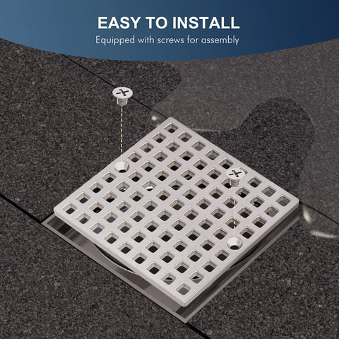 Built Tough Brushed Nickel Square Shower Drain Cover 3-7/8 Inches Wide installed with screws on textured tile floor.